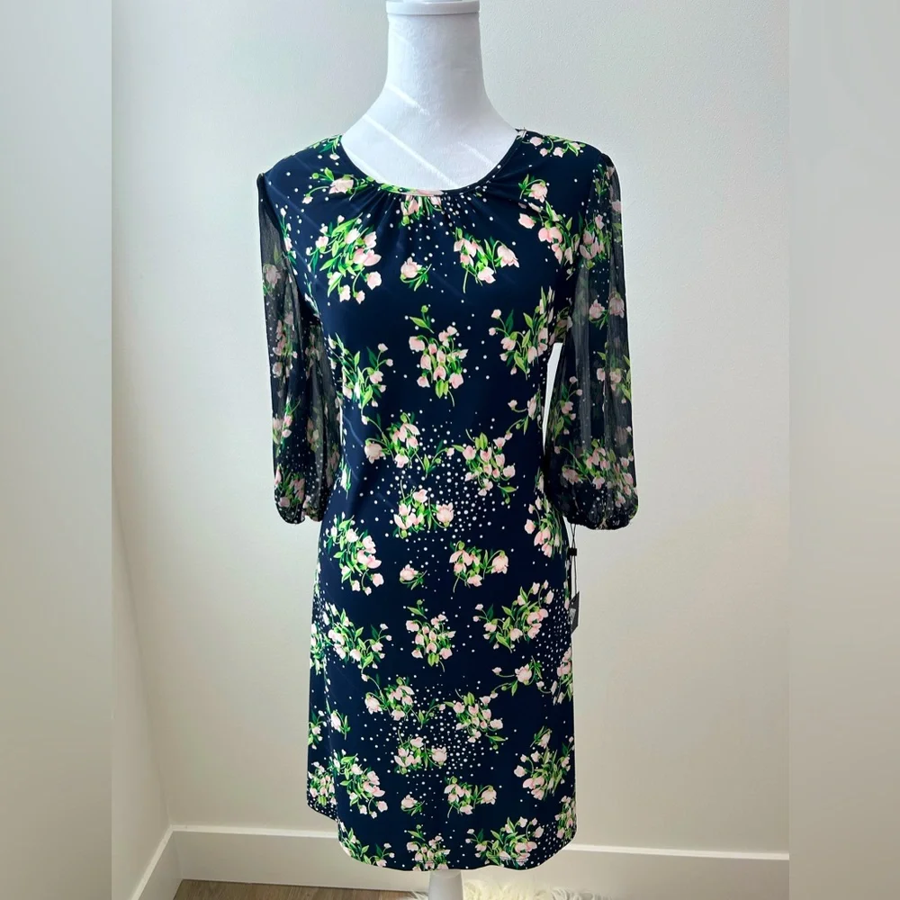 Tommy Hilfiger Navy Floral Mesh Sleeve Dress – Size 6 (NWT) - Picture 1 of 5